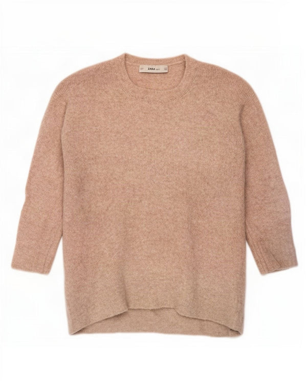 Zara Pull à manches 3/4 et col rond pour femme Beige moyen UK 14