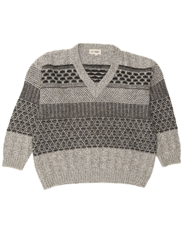 vintage Mens V-Col Jumper Sweater IT 54 XL Gris Géométrique Acrylique