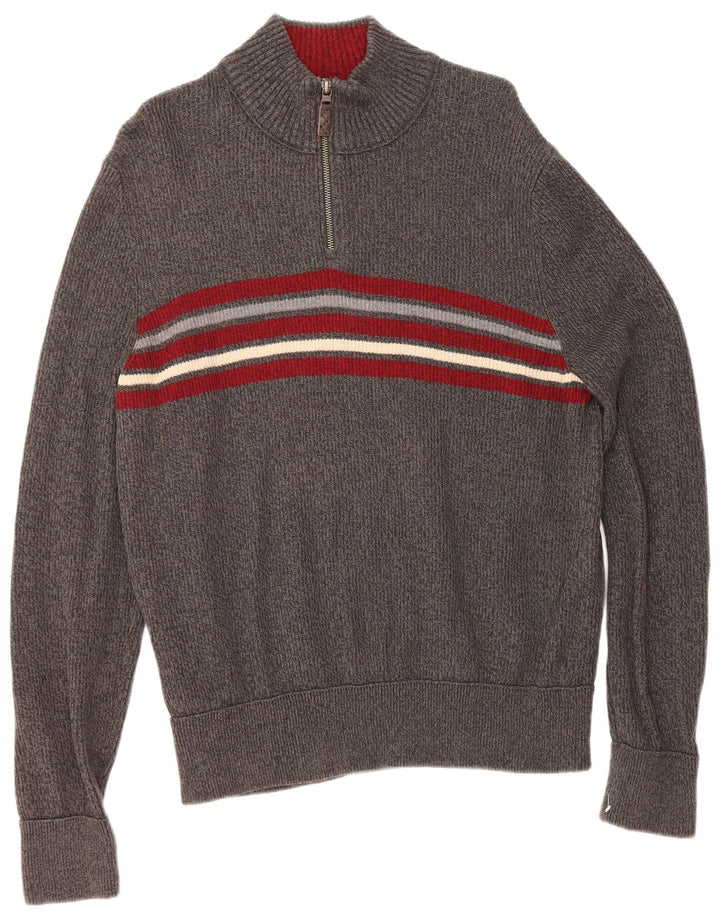 EDDIE BAUER Pull à col zippé pour homme Grand coton rayé gris