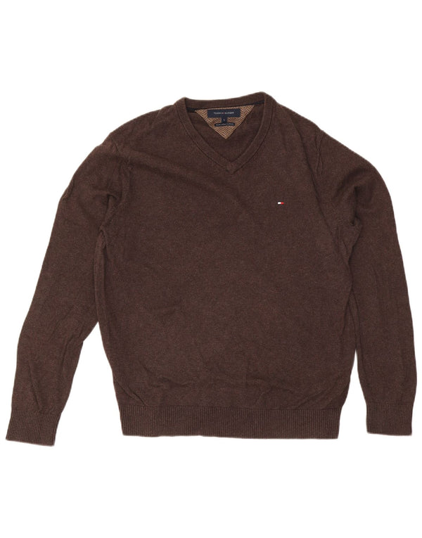 Tommy Hilfiger Pull col V pour homme Petit coton marron