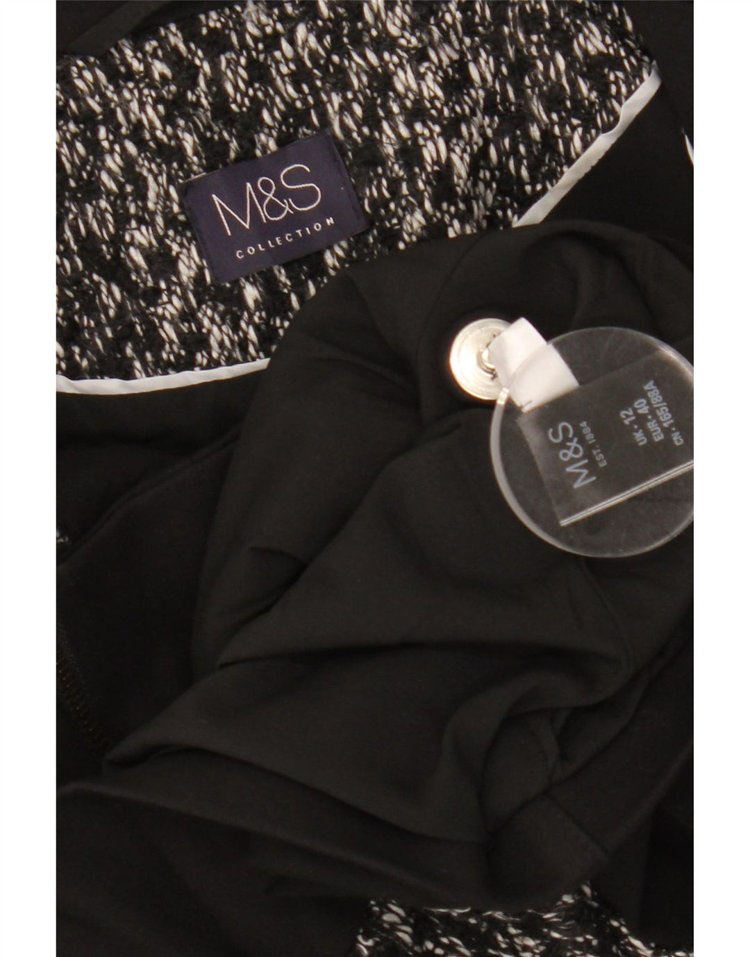 MARKS & SPENCER Veste Blazer Courte Femme UK 12 Moyen Noir Moucheté