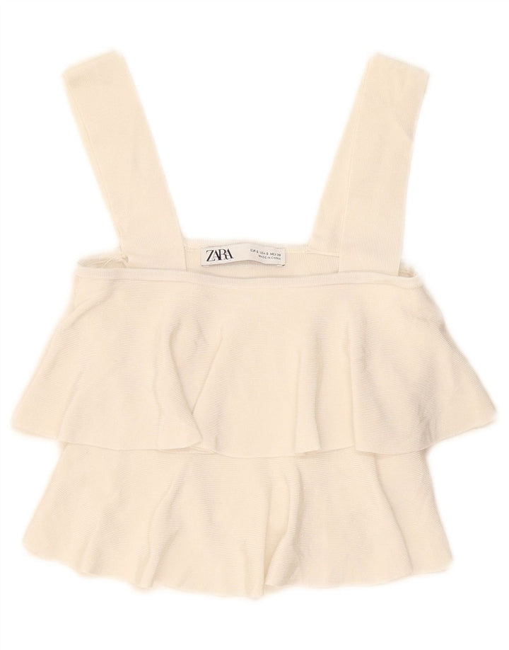 Zara Femmes Crop Ruffle Front Cami Top UK 8 Small Off White Viscose