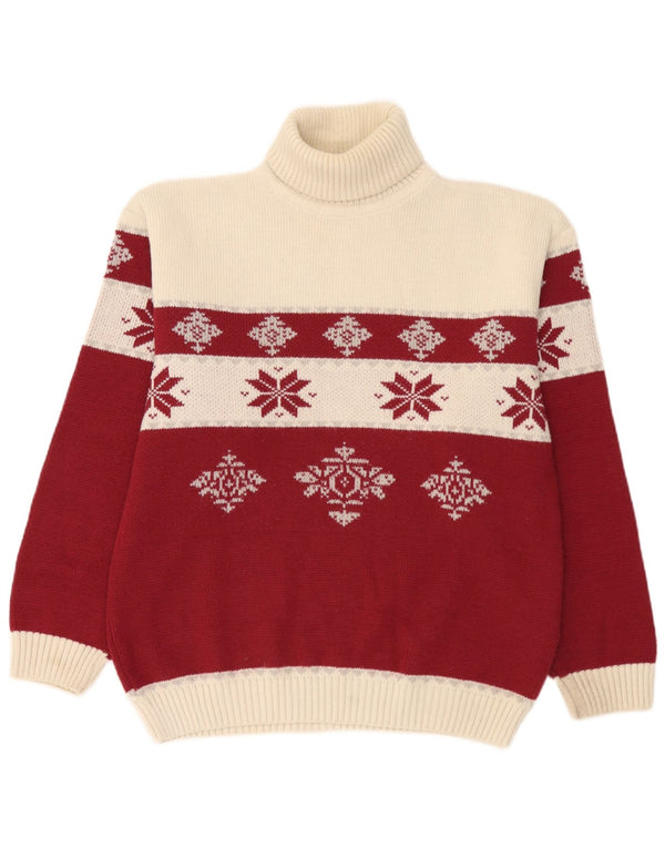 vintage Mens Loose Fit Roll Neck Jumper Pull Petit Blanc Fair Isle