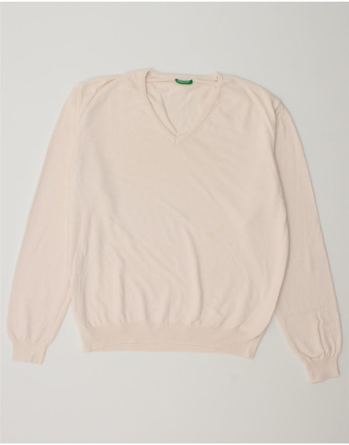 BENETTON Mens V-Neck Jumper Sweater Medium Pink Vintage Benetton and Second-Hand Benetton from Messina Hembry 