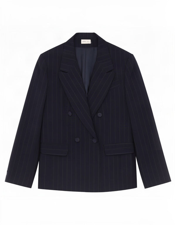 Bhs Veste Blazer Double Boutonnage Femme UK 14 Grande Rayure Bleu Marine