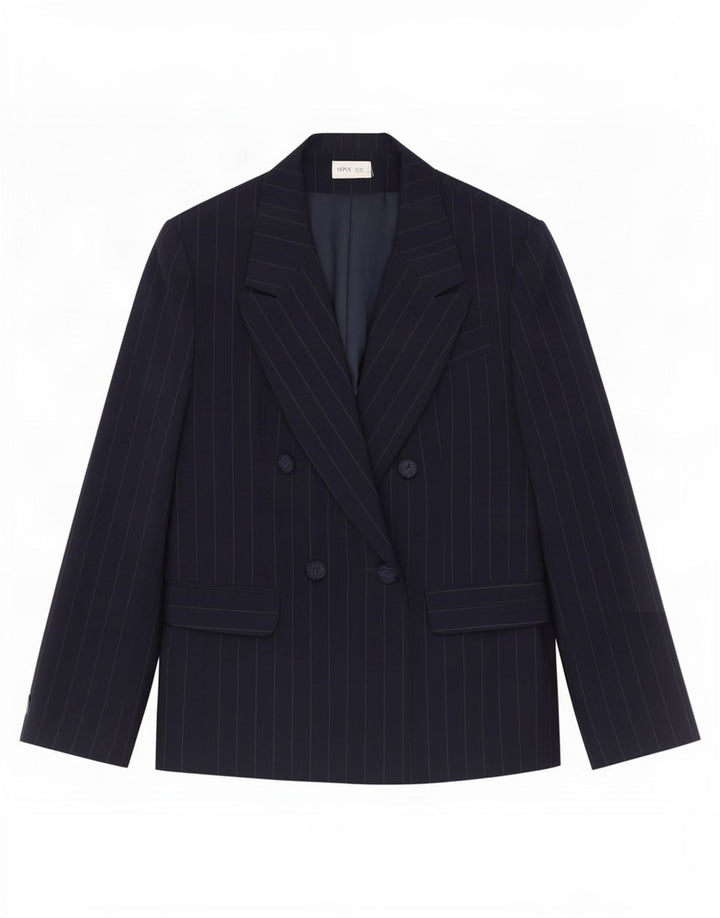 Bhs Veste Blazer Double Boutonnage Femme UK 14 Grande Rayure Bleu Marine