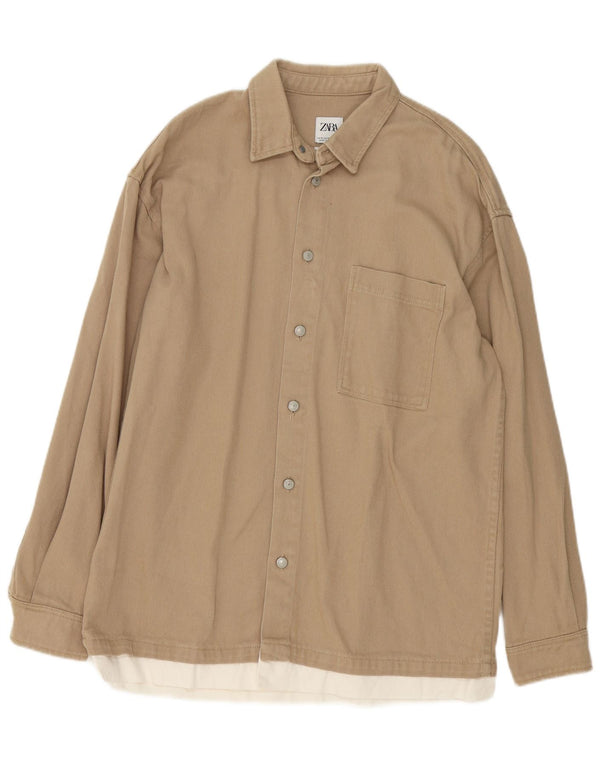 Zara Chemise Coupe Relax Homme Beige Moyen Colourblock Cotton