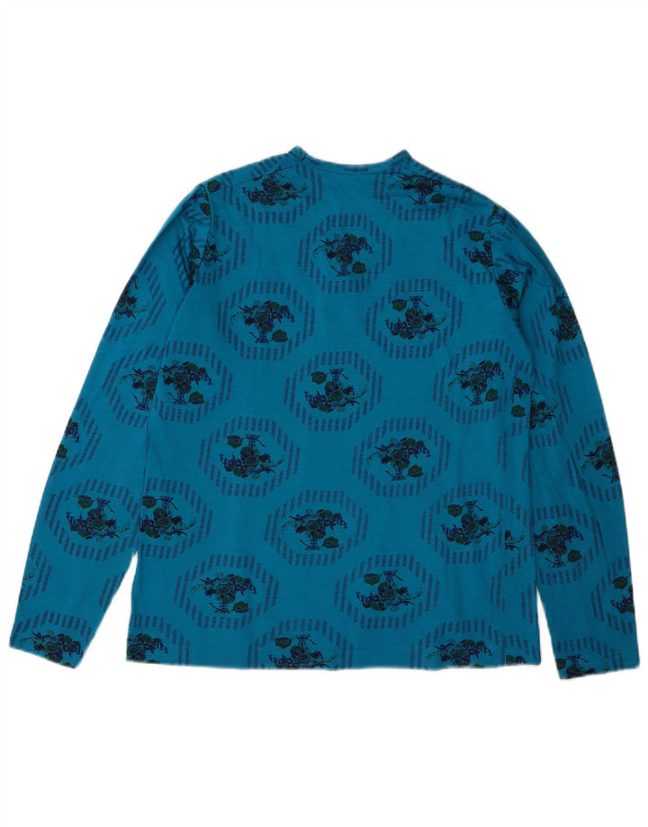 vintage Femmes Graphique Top Manches Longues UK 14 Moyen Bleu Floral