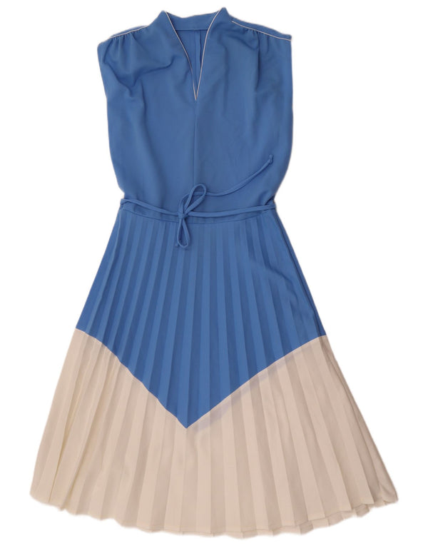 vintage Femme Robe A-Line sans manches UK 12 Bleu Moyen Colorblock