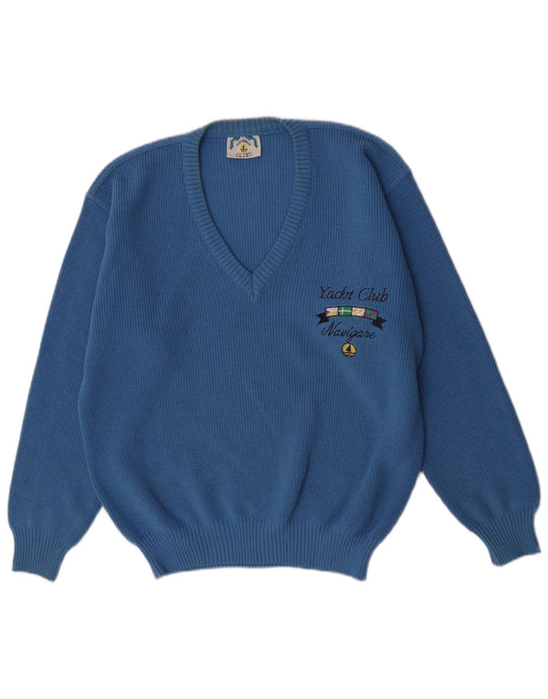 Navigare Mens Yachting Graphic Pull à col en V en laine bleue