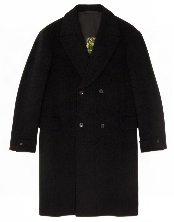 vintage Mens Double Breasted Coat UK 38 Moyen Noir Nouvelle Laine