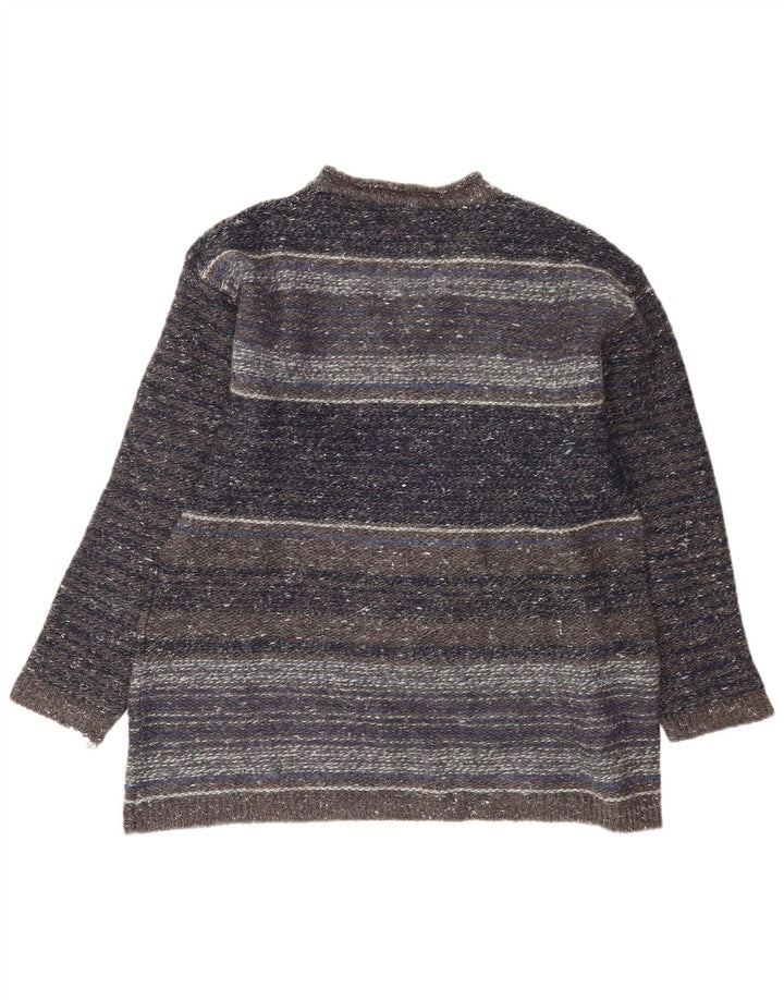 vintage Homme Col V Pull Pull Gris Moyen Rayé