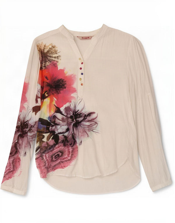 Desigual Chemise Pull Femme UK 10 Petite Viscose Florale Blanche