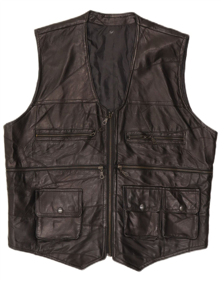 vintage Mens Leather Utility Gilet UK 38 Medium Black Patchwork