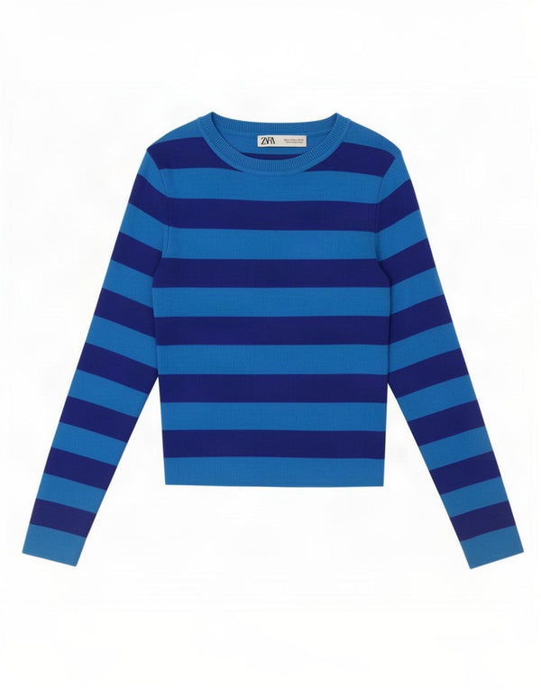 Zara Womens Crop Top Manches Longues UK 10 Petit Viscose Rayé Bleu