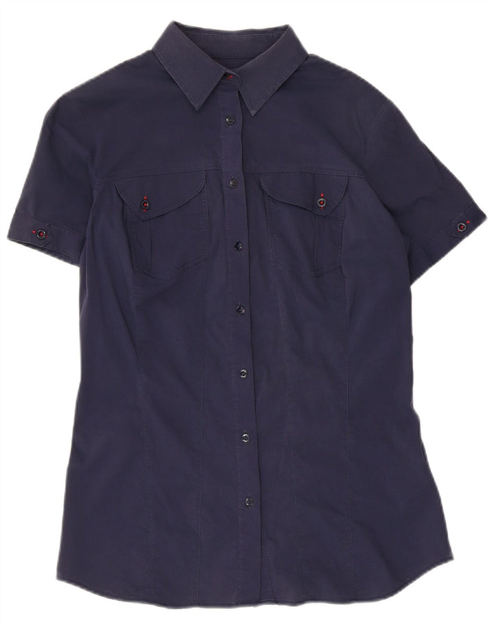 TRUSSARDI JEANS Chemise à manches courtes pour femme UK 12 Bleu marine moyen Coton