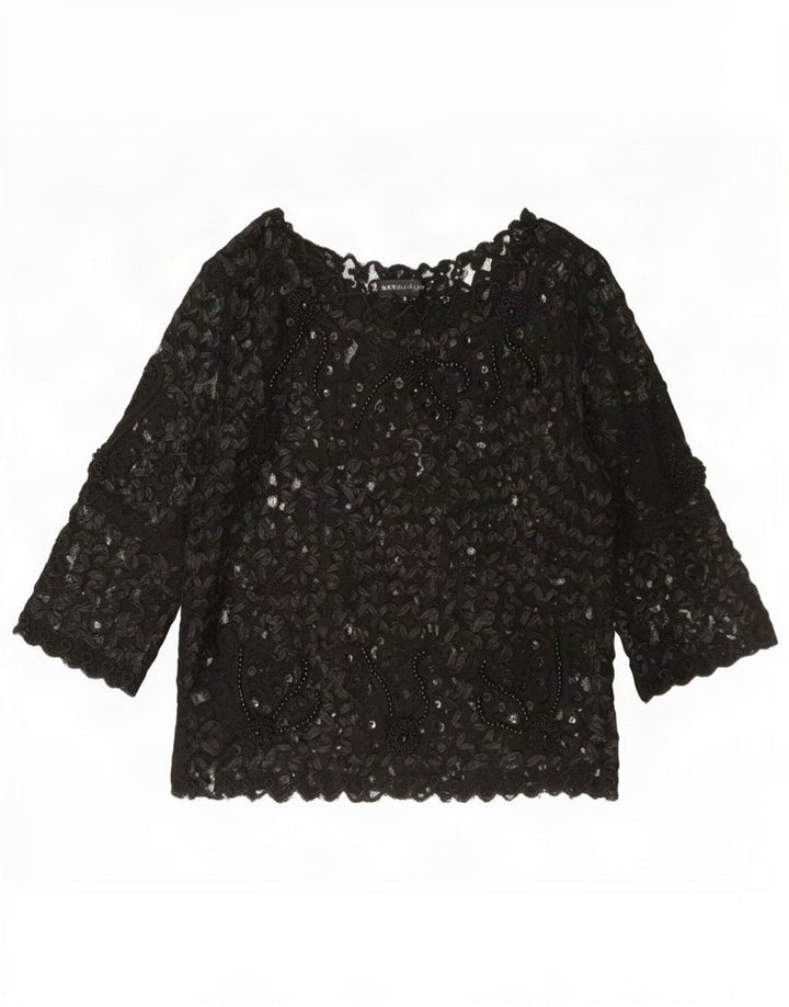 Sky Design Haut transparent à manches 3/4 pour femme US 4 Petit motif floral noir