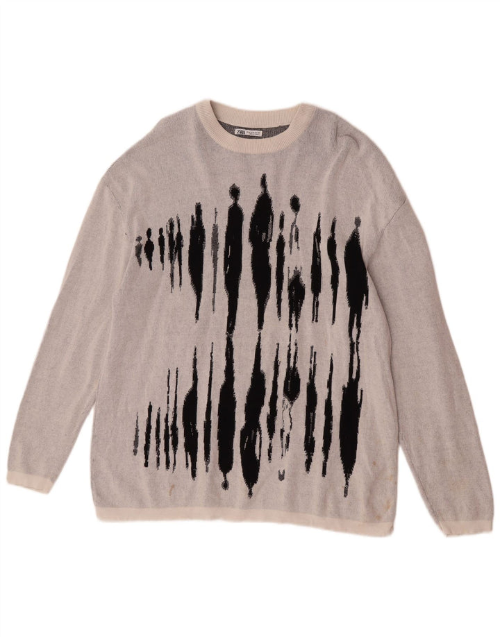 Zara Pull Graphic Boat Neck Jumper Homme Gris Moyen Coton