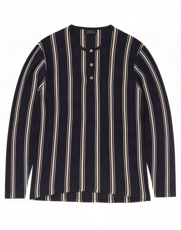 Zara Homme Top Manches Longues Ramie Rayé Bleu Marine Moyen