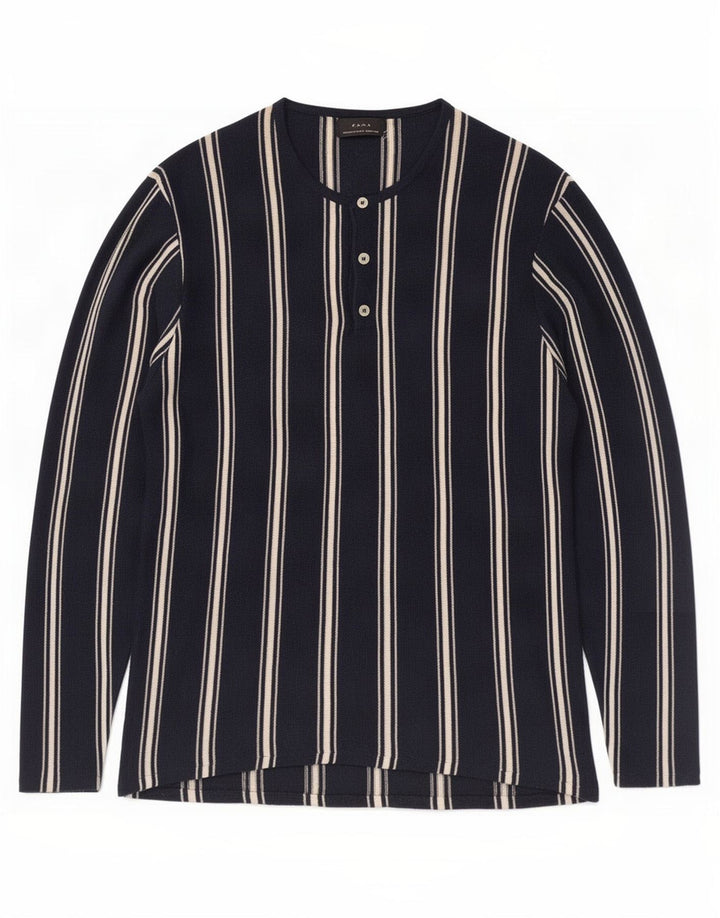 Zara Homme Top Manches Longues Ramie Rayé Bleu Marine Moyen