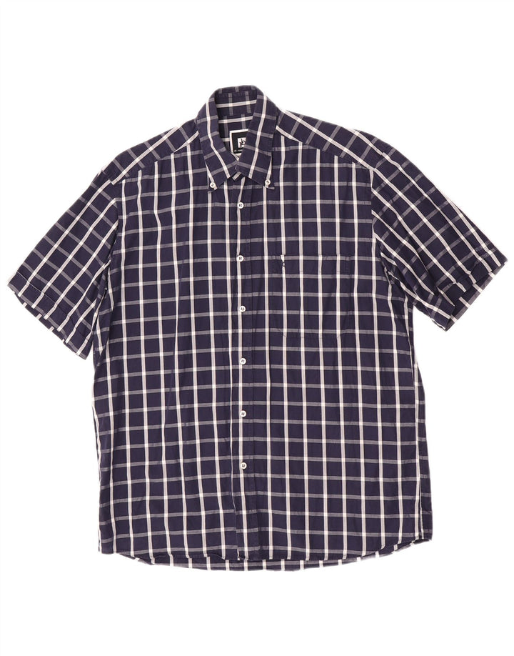 Roccobarocco Chemise à manches courtes pour homme Taille 39 15 1/2 Carreaux bleu marine moyen