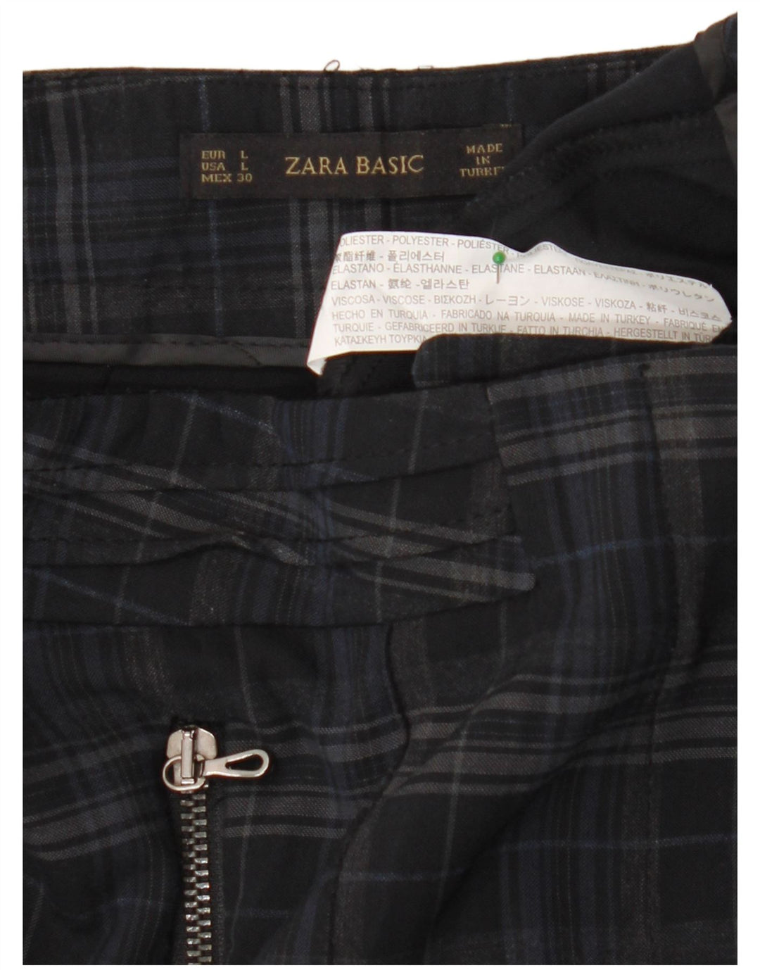 ZARA Womens Slim Casual Trousers Large W30 L28 Navy Blue Check Polyester