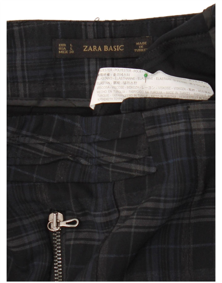 ZARA Womens Slim Casual Trousers Large W30 L28 Navy Blue Check Polyester