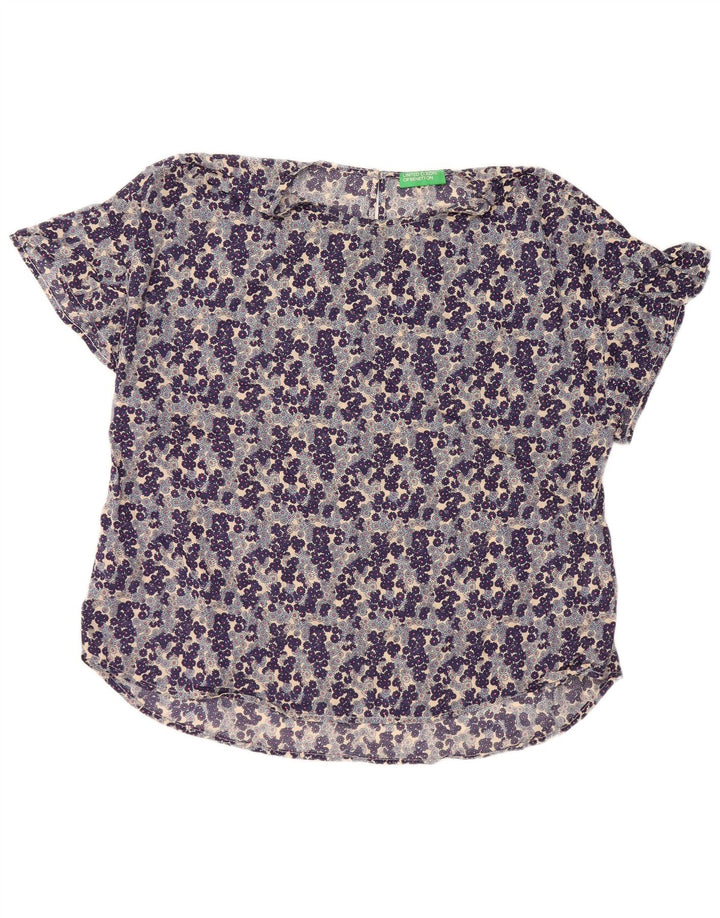 BENETTON Chemisier Femme Top UK 44 Bleu Moyen Floral Coton