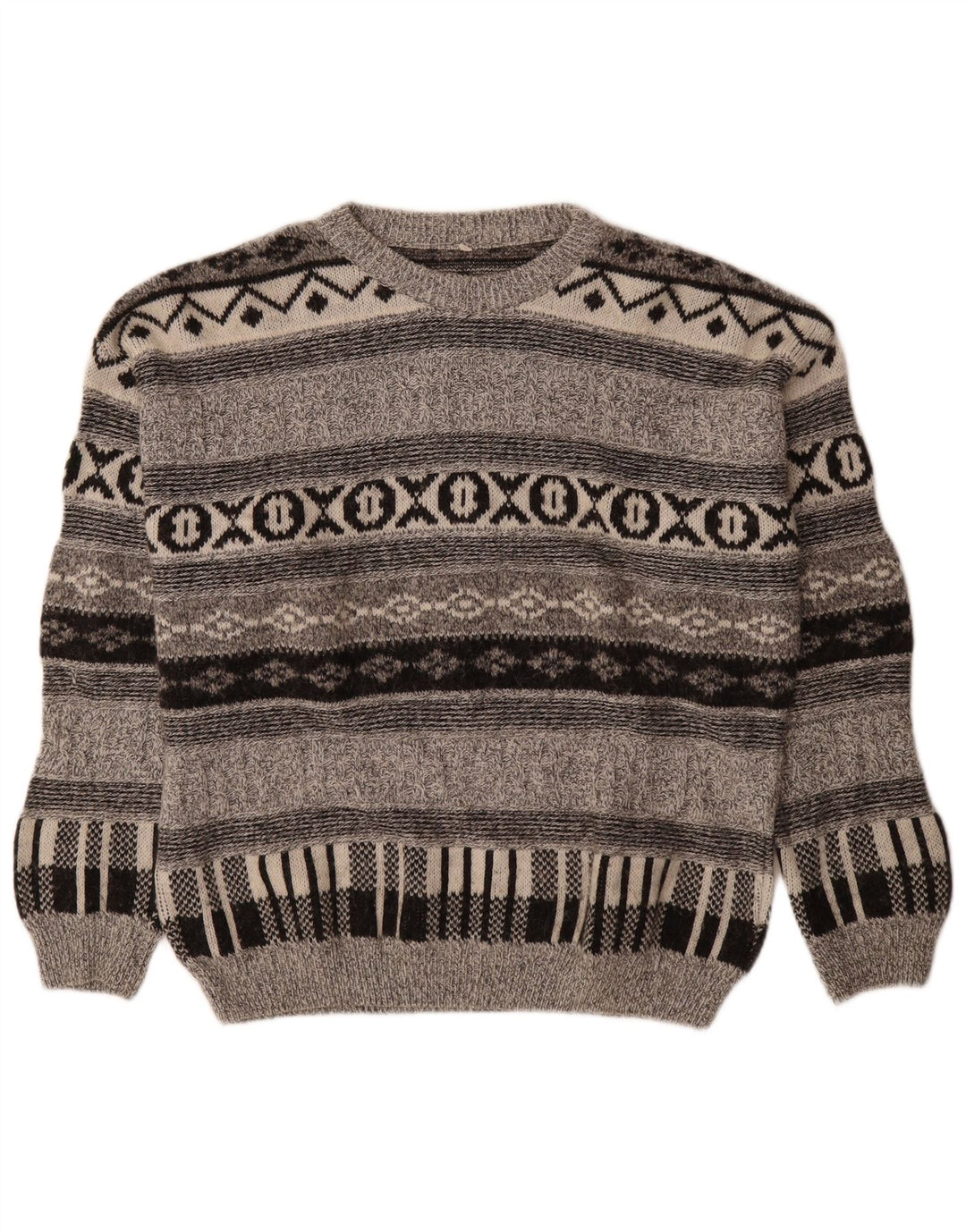 vintage Mens Crew Neck Jumper Pull Moyen Gris Géométrique Laine