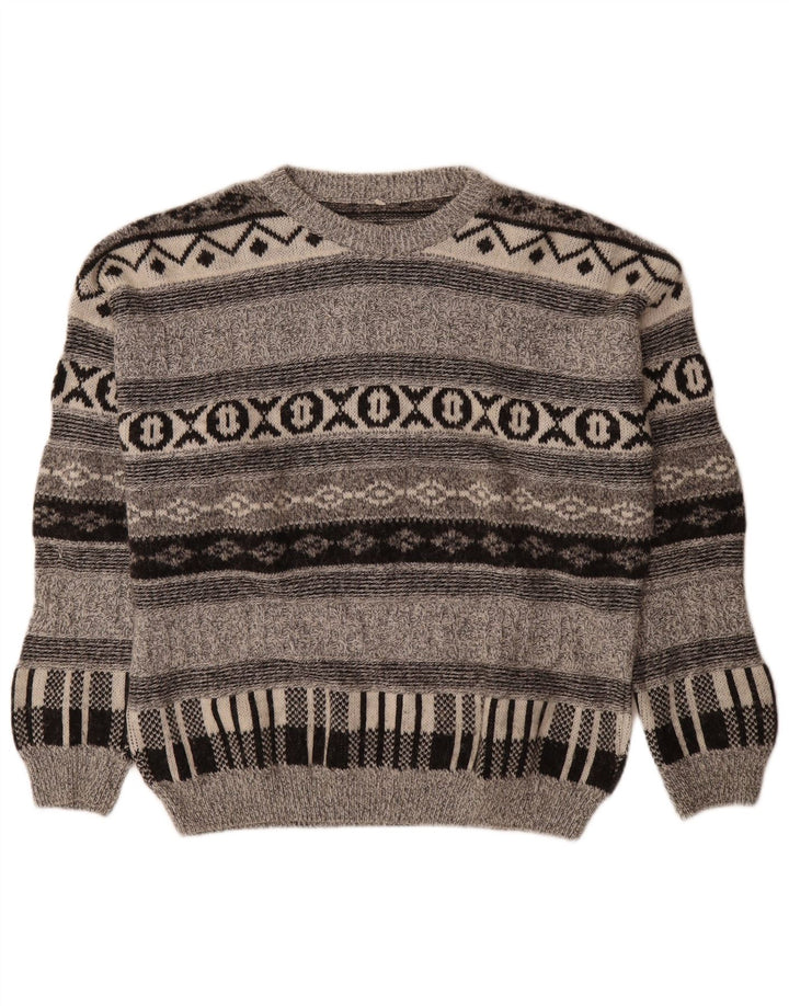 vintage Mens Crew Neck Jumper Pull Moyen Gris Géométrique Laine