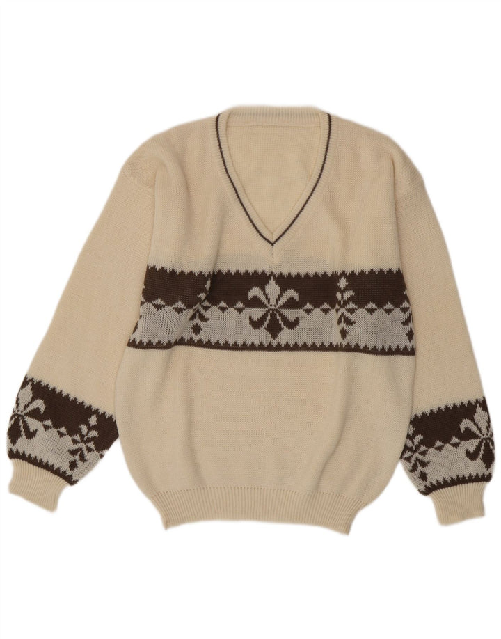 vintage Mens V-Col Jumper Pull Grande Laine Fair Isle Blanche