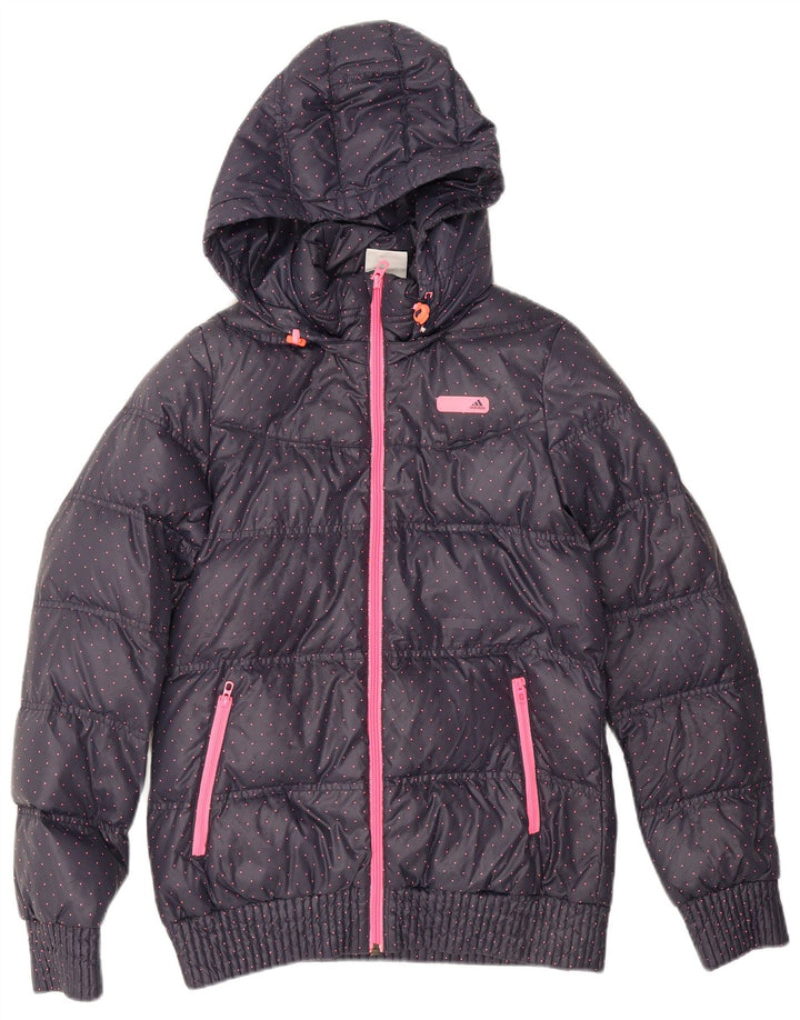 Adidas Veste matelassée à capuche pour femme UK 12 Bleu marine moyen à pois en polyester