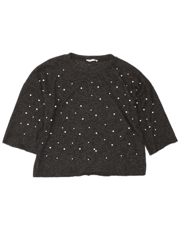 ZARA Femme Haut Court Oversize Manches 3/4 UK 10 Petit Gris Viscose