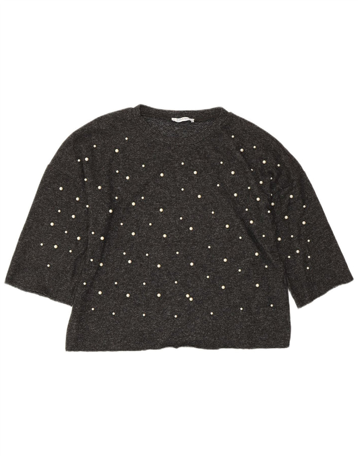 ZARA Femme Haut Court Oversize Manches 3/4 UK 10 Petit Gris Viscose