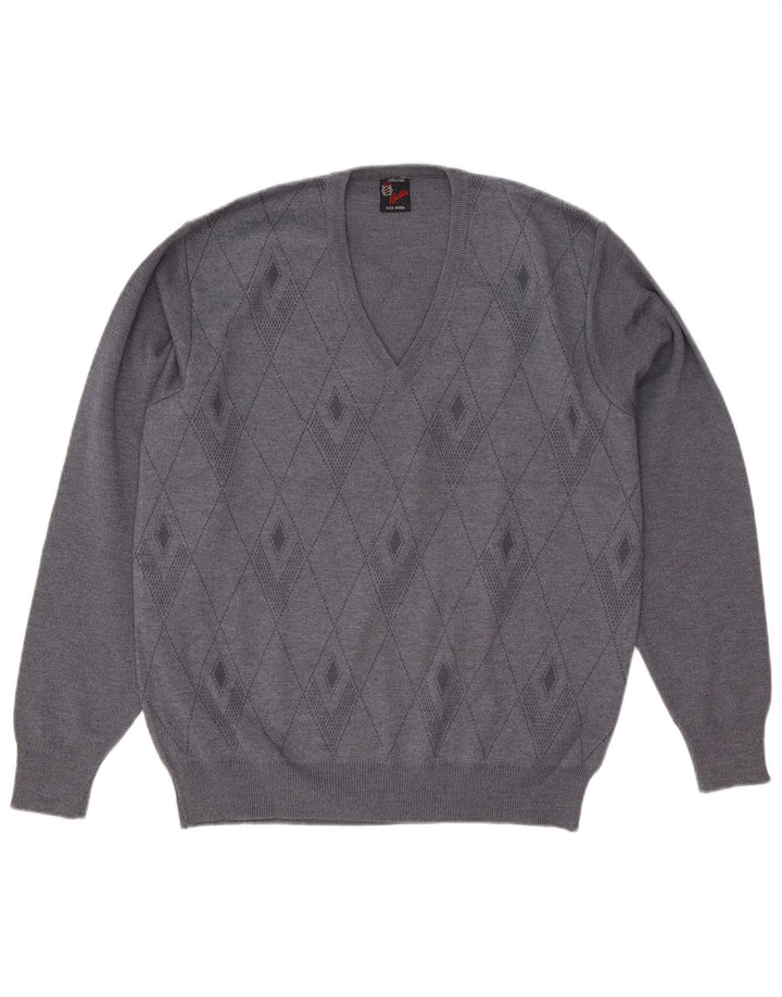 vintage Homme Col V Pull Pull Gris Moyen Argyle/Diamond Laine