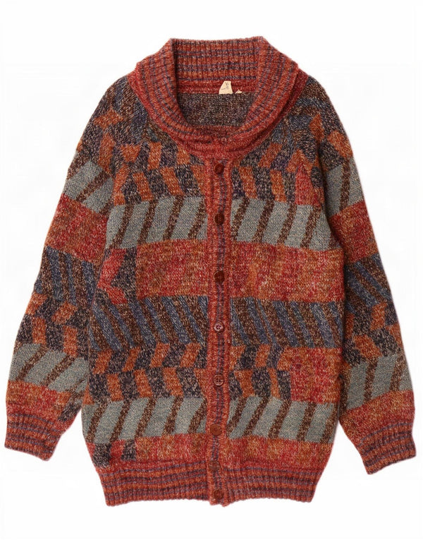 vintage Mens Longline Cardigan Sweater Grande laine géométrique multicolore