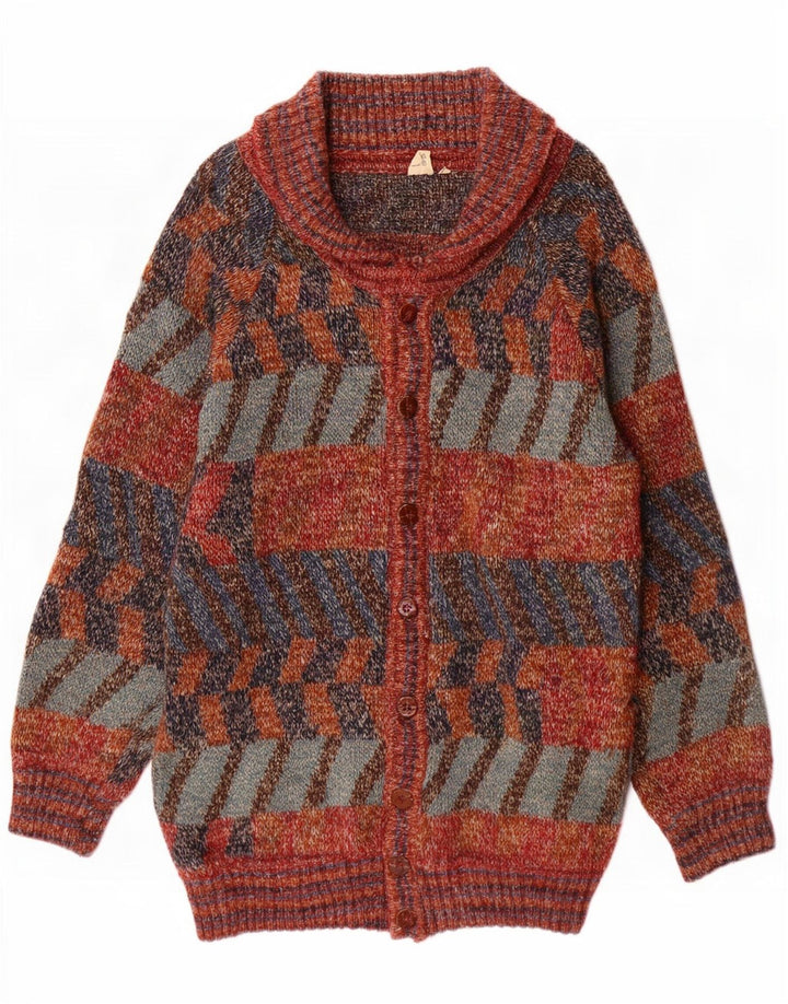 vintage Mens Longline Cardigan Sweater Grande laine géométrique multicolore