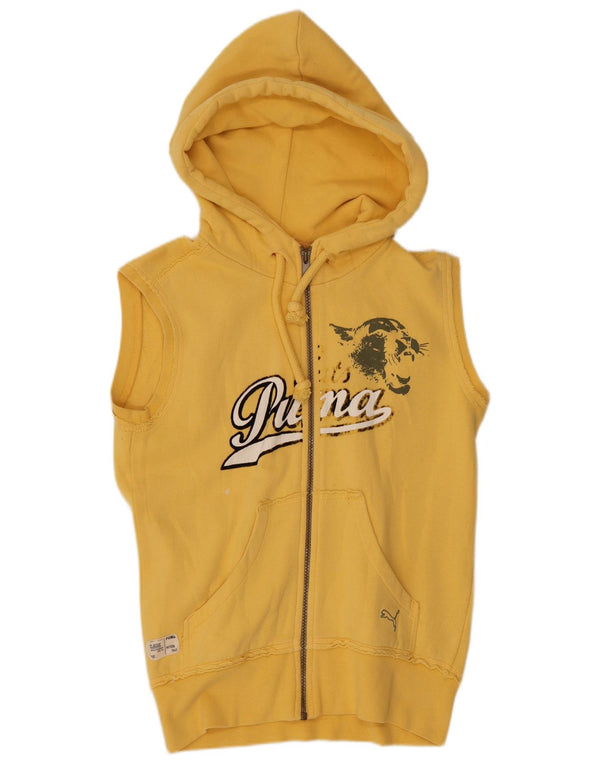 Puma Pull à capuche zippé sans manches graphique pour femme UK 8 Petit coton jaune