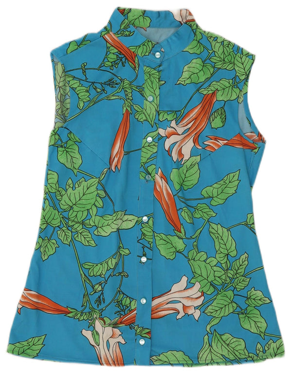 Vintage Womens Sleeveless Shirt Blouse UK 16 Large Blue Floral