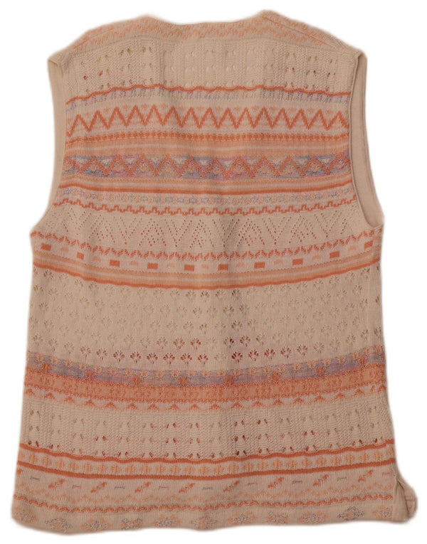 VINTAGE Femme Cardigan sans manches Pull UK 14 Moyen Blanc Géométrique