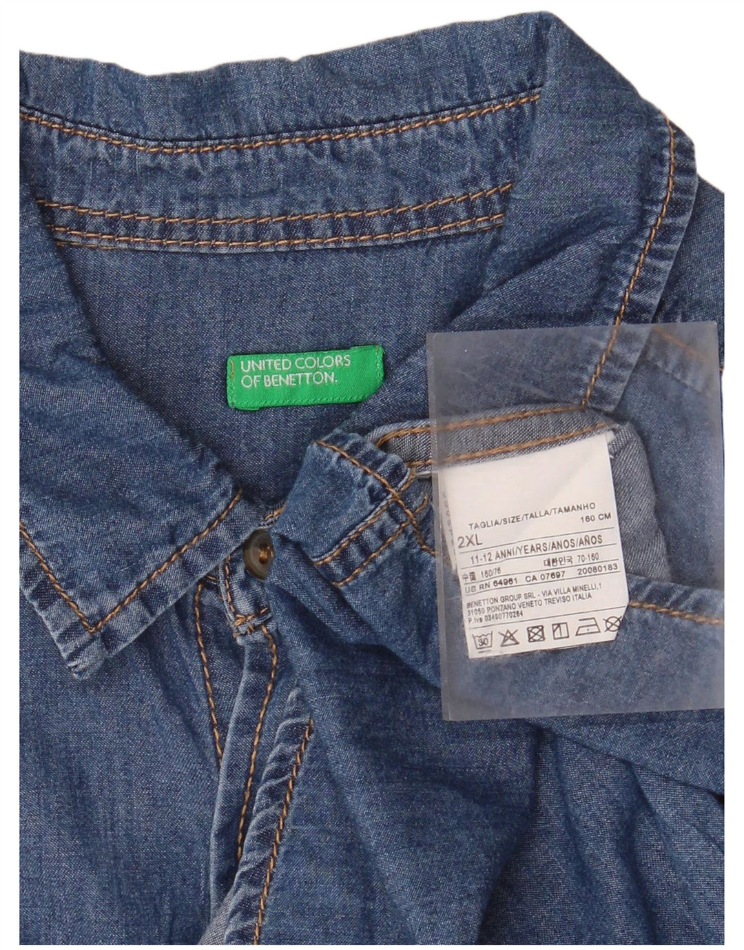 BENETTON Chemise en Jean Garçon 11-12 ans 2XL Bleu Coton