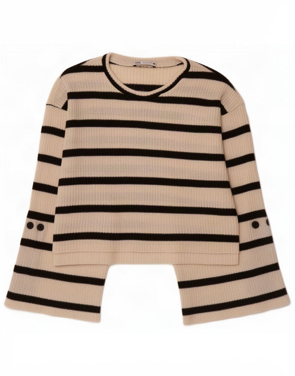 Zara Pull court à col bateau pour femme UK 10 Petit Blanc rayé