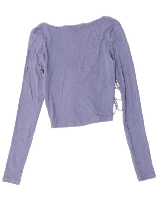 ZARA Femme Crop Top Manches Longues UK 12 Bleu Moyen Coton