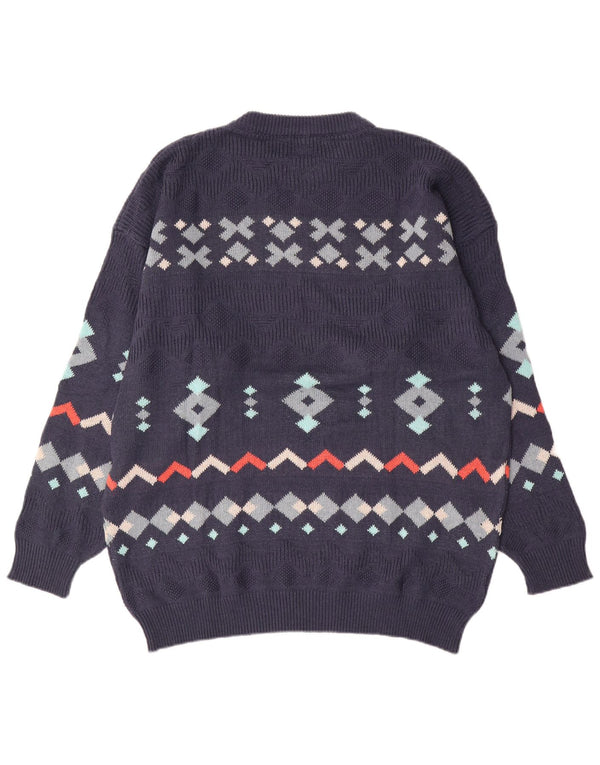 vintage Mens Crew Neck Jumper Pull 2XL Bleu Marine Géométrique Coton