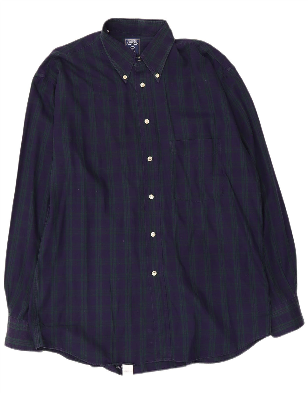 Trussardi Chemise Flanelle Homme Taille 41 Grand Carreau Bleu Marine Coton