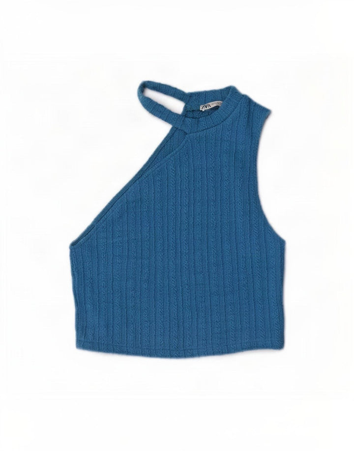 Zara Haut court en tricot à épaules dénudées pour femme UK 12 Bleu moyen