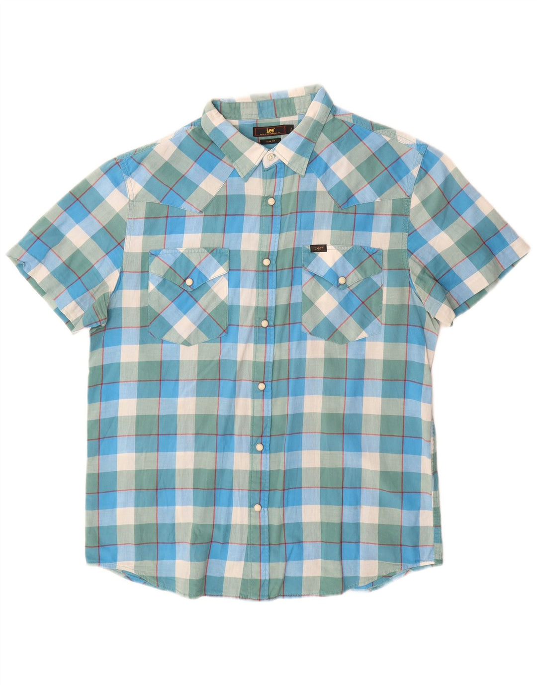 Lee Chemise Slim à Manches Courtes pour Hommes XL en Coton à Carreaux Bleu