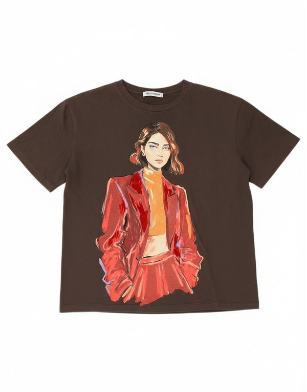 Zara Womens Loose Fit Graphic T-Shirt Top UK 10 Petit Marron