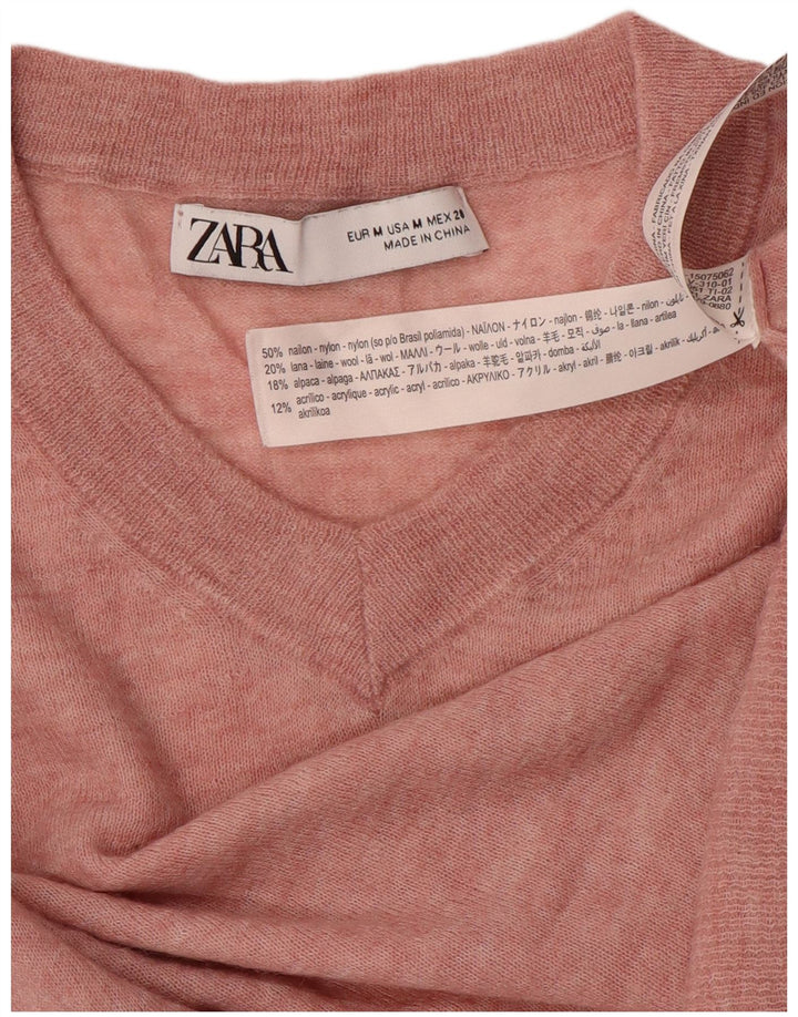 ZARA Pull court à col en V pour femme UK 12 Nylon rose moyen