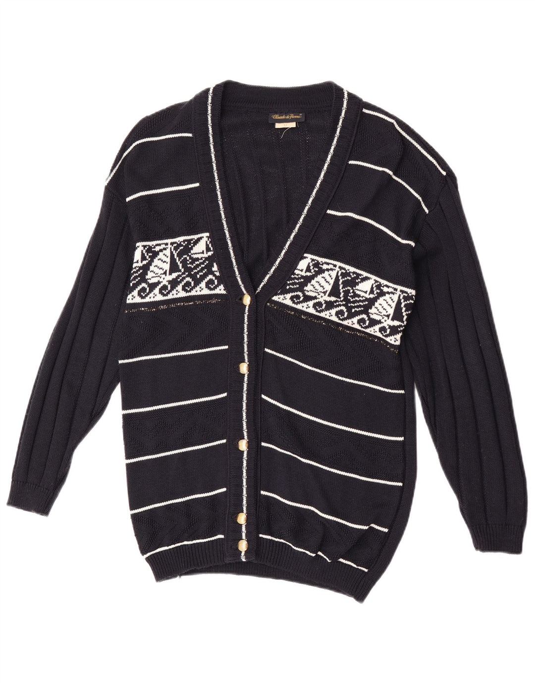 Claude De Pierre Pull Cardigan Femme UK 14 Moyen Bleu Marine Géométrique